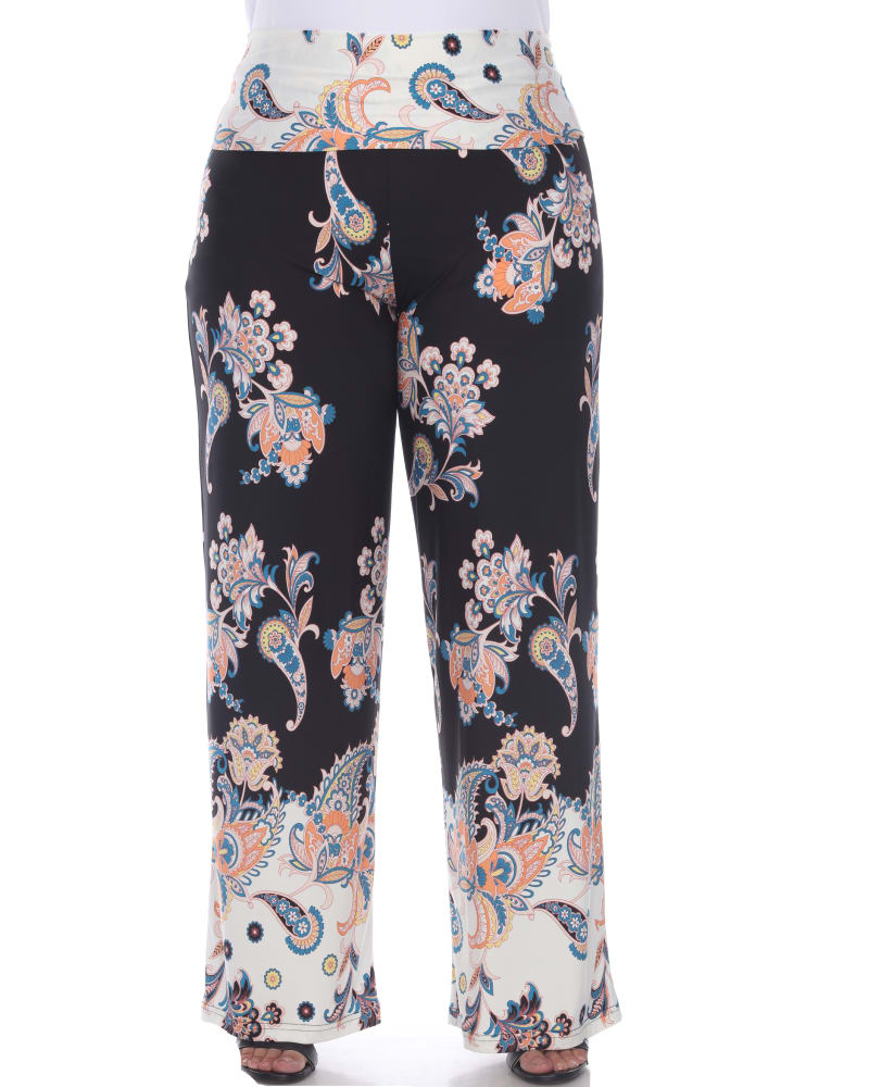 Front of a model wearing a size 3X Floral Paisley Printed Palazzo Pants in Black by White Mark. | dia_product_style_image_id:247062